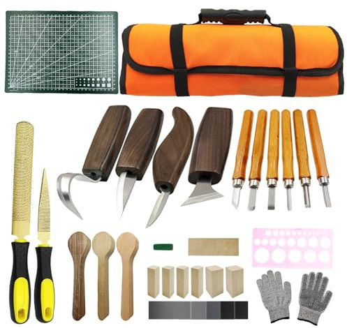 SNAIL GARDEN 32-teiliges Professionelles Schnitzmesser Set für Erwachsene mit 4 Grobmessern, 6 Feinsticheln, 2 Feilen, Mess-Skala, 3 Löffelrohlingen & Zubehör – Premium Holzschnitzwerkzeug Set