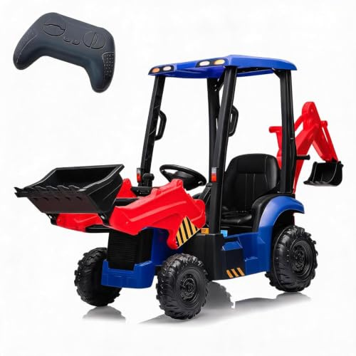 Garvee 12V Tracteur Électrique pour Enfants avec Klaxon, Télécommande 2,4G, 4 en 1 Excavatrice Électrique avec Pelle, Bulldozer, Plafond Amovible, 2-4km/h pour Enfants de 3 Ans+, Rouge
