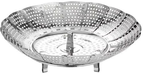 UIHRLM Stainless Steel Steamer Basket- Adjustable Expandable Folding Vegetable Steaming Basket with Handle, Food Steamers for Cooking Fish Dumplings Seafood (Small)