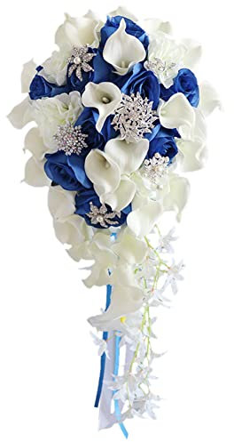 XDAWQP Bouquet di Calle Bianche da Sposa, Bouquet da Sposa con Fiori, Bouquet Fatto a Mano di Calle Bianche con Strass di Perle per la proposta di Matrimonio, Decorazione per ch，Blue