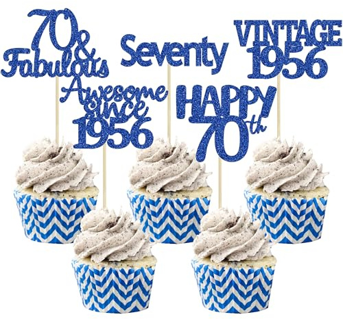Gyufise 30Pcs Vintage 1956 Cupcake Toppers Glitter Seventy Happy 70th Birthday 70 Fabulous Cupcake Picks Cheers to 70 Years for 70th Birthday Wedding Anniversary Party Cake Decorations Supplies Blue