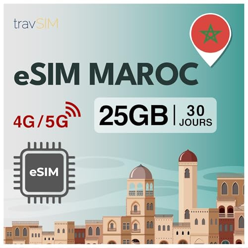 travSIM eSIM Marocko | 30 dagar – 25 GB SIM | 5G/4G höghastighetsdata | Obegränsad internetåtkomst för Google, Facebook, Whatsapp, Instagram med mera
