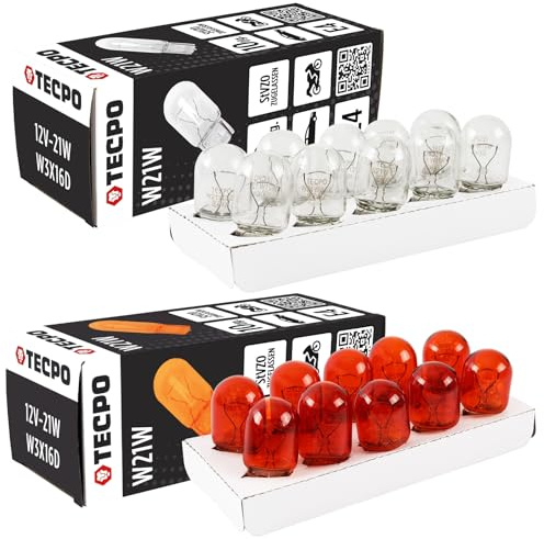 TECPO Glühbirne 12V-21W, W21W Orange + 12V-21W, W3X16D Glassockel