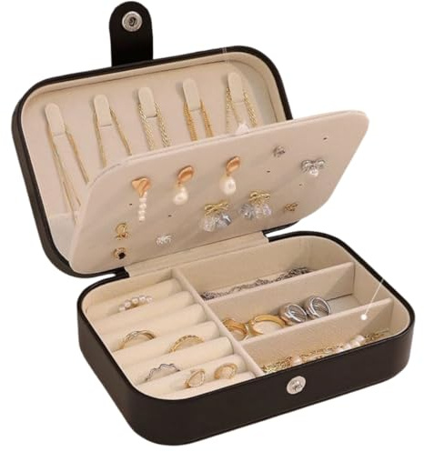 Chereda Joyero pequeño para mujer, organizador de joyas de viaje de piel sintética con 3 capas apilables, caja de almacenamiento adecuada para anillos, pendientes, collares y pulseras (negro)