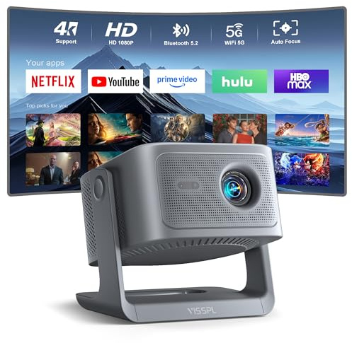 [30000Lumen & Offiziell lizenzierte App] Smart Beamer 4K Heimkino, VISSPL 3D Dolby Audio und Autofokus Outdoor Projektor Handy, WiFi6 Bluetooth Video Projektor mit 360° verstellbarem Standfuß