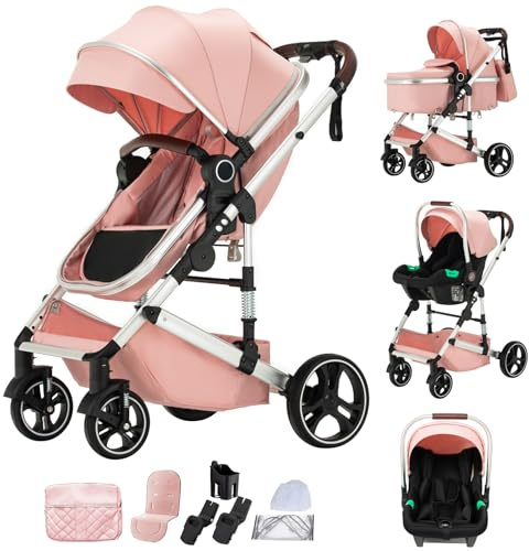 Mobayta Kinderwagen 3 in 1 Komplettset Baby Kombikinderwagen bis 22kg, Zusammenklappbar, Große Gummireifen, Großer Einkaufskorb, Warmer FußsackOrganizer Tasche (H9 PINK, H9)