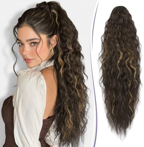 RUWISS Ponytail Cheveux Naturel avec Pince Brun Foncé et Blond 76 cm Postiche Queue de Cheval Longue Bouclée Ondulée Extension Cheveux Naturel Queue de Cheval Synthétique pour Femme