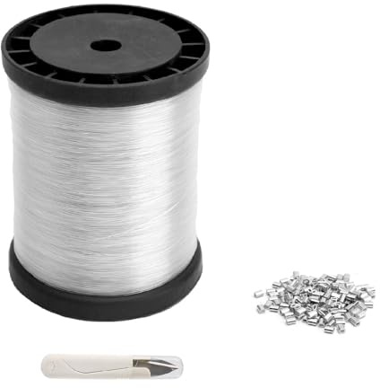 HENGBIRD Juego de hilo de nailon de 0,8 mm, 200 m, hilo de pesca transparente como hilo invisible para colgar y manualidades, 120 casquillos de aluminio para engarzar, mini tijeras, máx. 16 kg