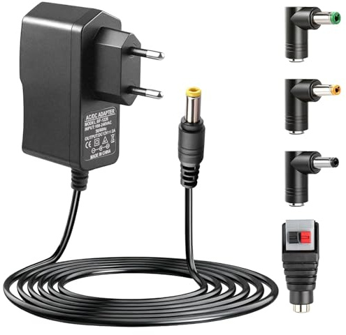 12V 2A 24W Transformador Fuente de Alimentación Universal 5,5x2,1 mm con 4 Enchufes 5,5x2,5mm, 4,0x1,7mm, 3,5x1,35mm y Conector LED, AC Cargador Alimentador Cable 2m para Router, Cámaras, Tiras LED