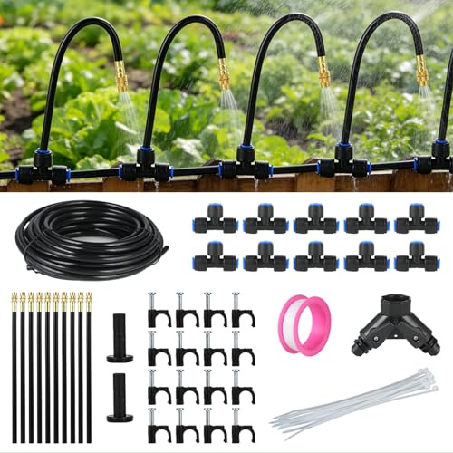 Bewässerungssystem Micro Drip System für den Garten: 10.5m mit 10 Sprühnebel Düsen Gebogener Schlauch Automatisch Tropfen Set Hochbeet Balkon Gewächshaus Schnellkupplung Vernebler Kühlnebel Rasen Beet