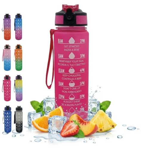 NelQuieOra Borraccia Motivazionale 1L, Bottiglia Acqua con Indicatore del Tempo, Beccuccio a Ribalta, A Prova di Perdite, Laccetto in Tessuto, Palestra Sport Viaggio Scuola – Rosa
