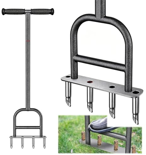 Ayolofei Rasenlüfter Aerifiziergabel, Aerifizierer für Rasen Hohlspoon, Manuell Rasen Belüfter mit 4 Kerne, Rasenspecht Rasenlöcher Hohlzinken Bodenbelüften für Verdichtete Böden und Rasen Hof Garten