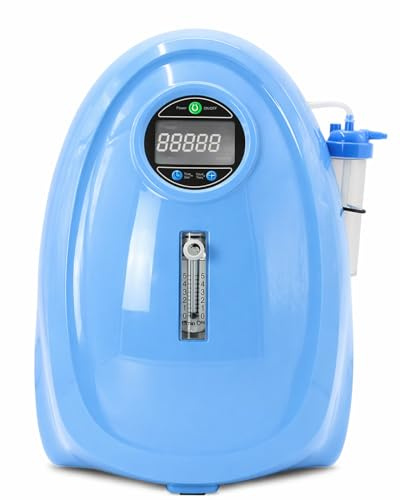 Portable Oxygen Concentrator, 1-5L/min Adjustable Flow Rate, 93% +/- 3% Oxygen Output, Low Noise <43 dB, LED Display, Humidifier Bottle, Nasal Cannula, UK Plug, for Home Use
