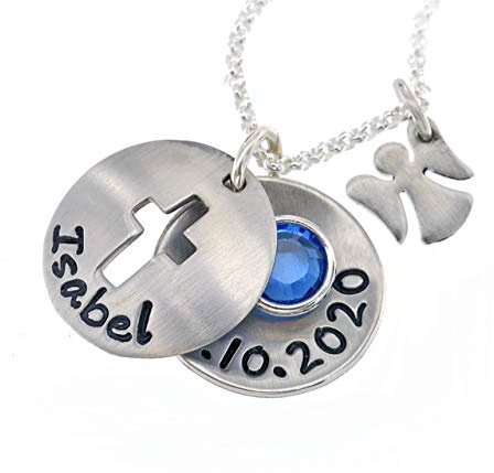 Timbalino Personalisiertes 925 Silber Medaillon mit Kreuz & Schutzengel – Kette mit Gravur & Geburtsstein – Individueller Taufschmuck für Jungen & Mädchen, Glücksbringer zur Kommunion & Konfirmation
