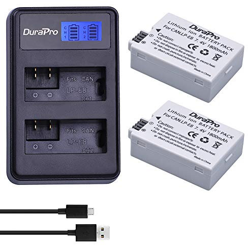DuraPro 2Pcs LP-E8 Battery + LED USB Dual Charger for Canon EOS 550D, 700D, 600D, 650D, Rebel T2i, T3i, T4i, T5i, Kiss X4, X5, X6i, X7i DSLR Cameras