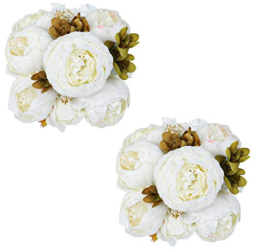 Tifuly Künstliche Pfingstrosen Sträuße, 13 Blütenköpfe Realistische Seide Pfingstrosen Vintage Blumen für Zuhause Hochzeit Büro Party Dekoration, Blumenarrangement, Mittelstücke, 2St (Weiß)