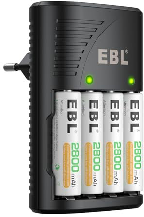EBL Chargeur de Piles AA AAA 9V Universel, avec 4PCS Piles AA Rechargeables Ni-MH, Chargeur de Piles AC Direct pour AA/AAA/9V Piles Rechargeables,100-240V Tension Mondiale