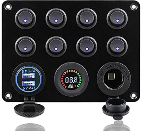 Geloo Panel de interruptor impermeable de 8 marchas, 12 V/24 V, interruptor basculante, panel de luces LED azules, cargador USB dual para coche, camión, barco, caravana