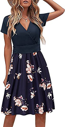 STYLEWORD Vestido Verano Mujer Vestidos Florales de Manga Corta hasta la Rodilla con Bolsillos, L