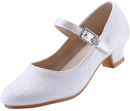 EIGHT KM Scarpe con Tacco per Ragazze Mary Jane Eleganti Principessa Décolleté da Matrimonio EKM7015 Scintilla di Glitter Minerva Bianco Taglia EU 30