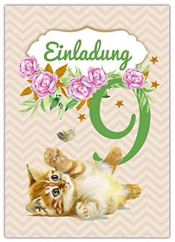 12 Einladungskarten zum 9. Kindergeburtstag neunte Geburtstag Mädchen Katze