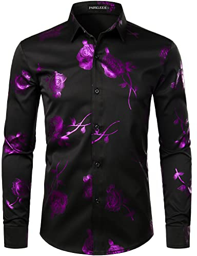 PARKLEES Men's Shiny Gold 3D Rose Print Slim Fit Button Down Dress Shirt for Nightclub Party Black Purple XL