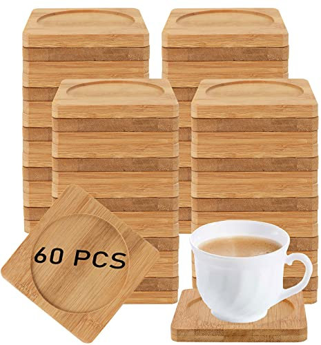 HOIGON 60 Pack 3.7 Inch Bamboo Coasters, Natural Wooden Coasters, Square Bamboo Tray Saucer Set for Drinks, Crafts, Succulents