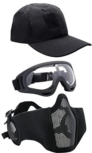 Yzpacc Airsoft Half Face Mask with Goggles Patch Hat Set Tactical Masks Full Face Ear Protective Baseball Cap for CS Halloween and Game