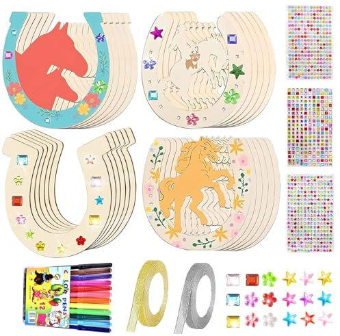 Qunkun Hufeisen Holz 24 Stück, Holzhufeisen Handwerk, Kindergeburtstag DIY | 24 Stück Hufeisen Basteln, Holzhufeisen Handwerk Zum Holz Hufeisenscheibe, 12 Aquarellstift, 2 Glitzerband und 3
