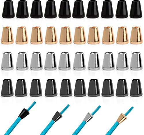 Anseom 40 Stück Metall Kordelendstücke Kordelstopper 4 Couleurs Verschlusskappen Kordelenden Metall Kordel Verschluss Kordelenden Endstück für Rucksack Sportwear (Gold Silber Schwarz Mattschwarz)