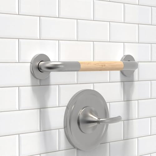 AquaChase Sicherheits-Haltegriff für Bad und WC, Griff aus natürlichem Bambus, ADA-konformer Balance-Assist-Handlauf für Behinderte und Senioren, 40,6 cm, gebürstetes Nickel
