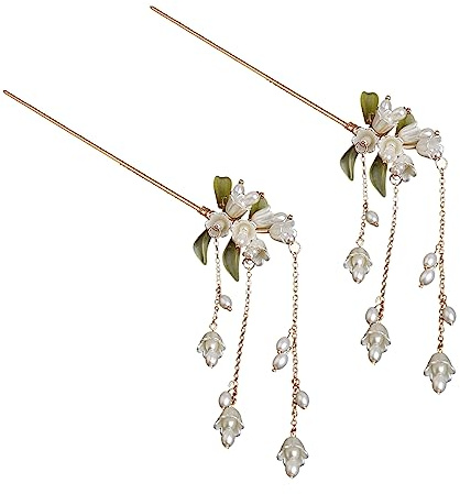 2 st liljekonvalj blomma pärla löv hårnålar vintage hårnålar guld hårpinnar Hanfu handgjorda hårnål kam huvudbonad set