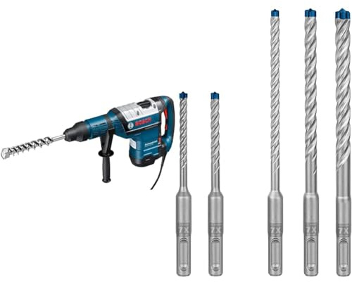 Bosch Professional Bohrhammer GBH 8-45 DV (Bohr-Ø in Beton mit Hammerbohrern: 12-45 mm, inkl. Fetttube, Zusatzhandgriff) + 5x Expert SDS plus-7X Hammerbohrer Set (für Stahlbeton, Ø 5-10 mm, Zubehör)