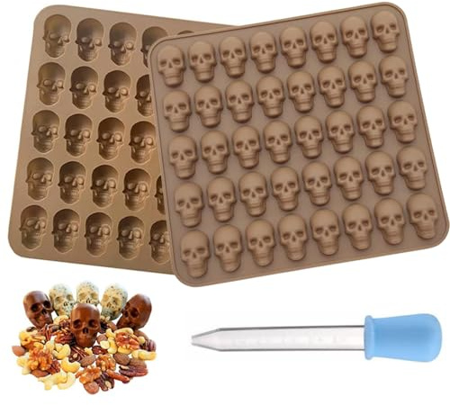 Lot de 2 moules en silicone en forme de tête de mort avec 1 compte-gouttes Marron | Moule en silicone Halloween pour chocolat, bonbons, gelée, chocolats, glaçons, savons (40 cavités)
