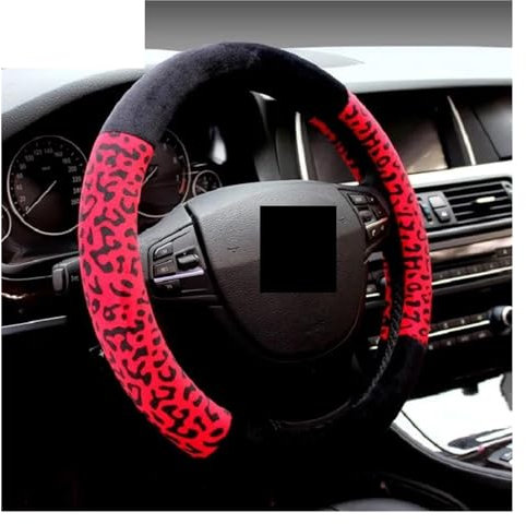 Lenkradbezug Leder Niedliche Lenkradbezüge Aus Fell Mit Leopardenmuster Für Mädchen Größe 38 cm Passend Für Die Meisten Auto-Stylings Winterwarm Lenkradhülle (Color : Black with Red)