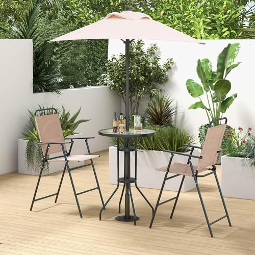 GIANTEX Juego de Bistró, Mesa Redonda Alta con Tablero de Vidrio y 2 Sillas Plegables, Tejido Transpirable, Conjunto de Muebles para 2 Personas, para Balcón, Terraza, Jardín (con Sombrilla)