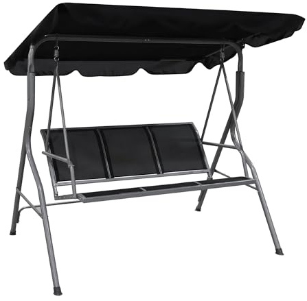 IlGruppone Dondolo da Giardino 3 Posti con Tetto Parasole UV Resistente Regolabile Reclinabile Impermeabile Struttura in Acciaio 178x125x163 Cm Seduta Textilene - Nero