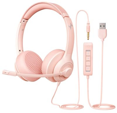 EAGLEND USB Headset with Microphone for PC, On-Ear Computer Laptop Headphones with Noise Cancelling Mic in-line Control for Home Office Online Class Zoom-Pink