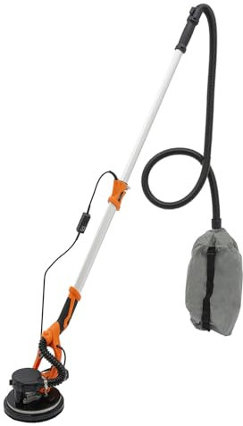Elektrischer Wand & Deckenschleifer | 1250W, Ø 255mm, bis 90° neigbarer Schleifkopf, 6 Geschwindigkeit Gang, Trockenbauschleifer mit Absaugschlauch LED-Arbeitsleuchte Orange