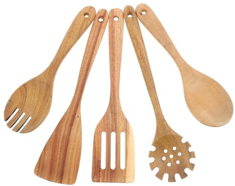 Cabilock 5piezas Cubiertos De Madera Utensilios De Cocina Cuchara Sopera De Madera Juego Esencial Cocina Utensilios Para Servir Cuchara Mezcladora De Accesorios De