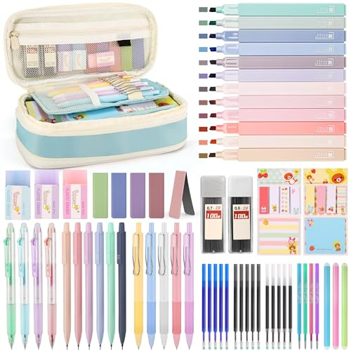 DazSpirit 62 Pezzi Set Cancelleria Estetico con Astuccio Pieghevole, 12 Evidenziatori Pastello, 4 Penne Cancellabili, 5 Penne Gel, 6 Portamine, Forniture Scolastiche per Ragazze e Adolescenti (Blu)