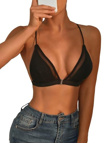 GORGLITTER BH Vorderverschluss Damen ohne Bügel Triangle Bralette Netzstoff Bustier Bralettes Spaghettiträgern Bra Unterwäsche Elastizität BHS Schwarz M