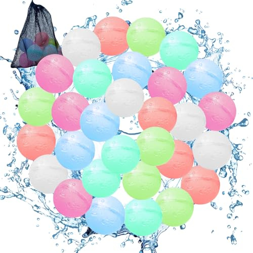 Pilikoll 30Pièces Bombe a eau Réutilisable Non-Aimant Remplissage Rapide Ballons D'eau en Silicone avec Sac de Rangement Ballons à Eau en Silicone d'eau à Fermeture pour Plage Fête de La Piscine D'été