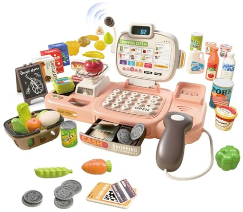 Caisse Enregistreuse Enfants 77PCS avec Scanner, Sons et Lumières, Vraie Calculatrice, Carte Bancaire, Jouet Éducatif Interactif pour Filles et Garçons 3 Ans+, Jeu de Rôle Supermarché