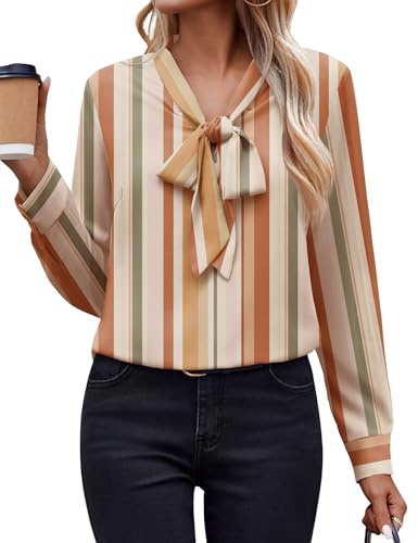 Zeagoo Business Casual Outfits for Women Bow Tie Chiffon Blouse Striped Long Sleeve Work Shirts