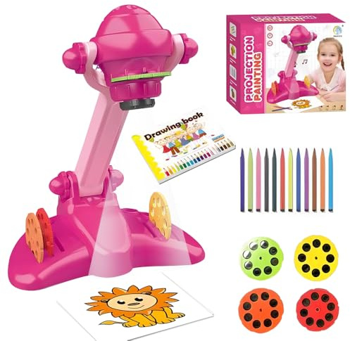 Hojalis Projecteur de dessin pour enfants, projecteur de dessin avec musique, 32 motifs, 12 stylos et livre de dessin, projecteur de peinture créatif pour garçons et filles, rose