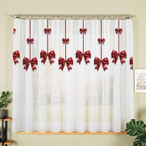 Gardinen Vorhangen Weiß Voile 250x155 cm (BxH) Weihnachten Mit Glitzer Schleifen Fertiggardine Mit Kräuselband Küche Wohnzimmer Glitzernde Schleifen