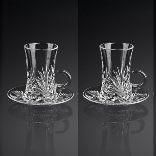 Supercap - Crystal Glass Tea Cups and Saucers, Reusable Clear Coffee Mugs with Handle, Small Turkish Crystal Tea Glasses for Home, Office, Bar, Wedding, Party, Herman Style
