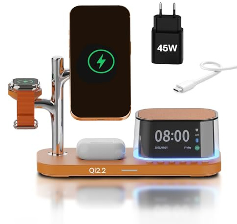 Trådlös Laddningsstation 5-i-1 med Alarm, Bluetooth-högtalare och LED-Nattlampa kompatibel med MagSafe från MMOBIEL – 25 W Qi2.2 Magnetisk Laddare för iPhone, Apple Watch – Kosmiskt Orange