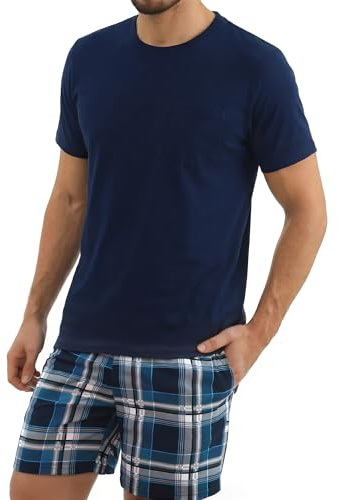Bresdk Men’s Cotton Loungewear Set – Short Sleeve Pyjama Top with Chest Pocket & Plaid Shorts, Lightweight Stretch Sleepwear, Navy Blue, XL